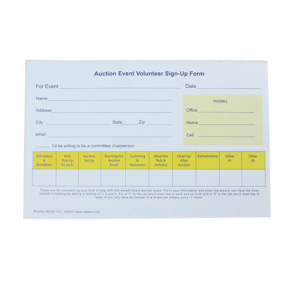 Auction Event Volunteer Sign-Up Form - (25/Pack) Single Part Form