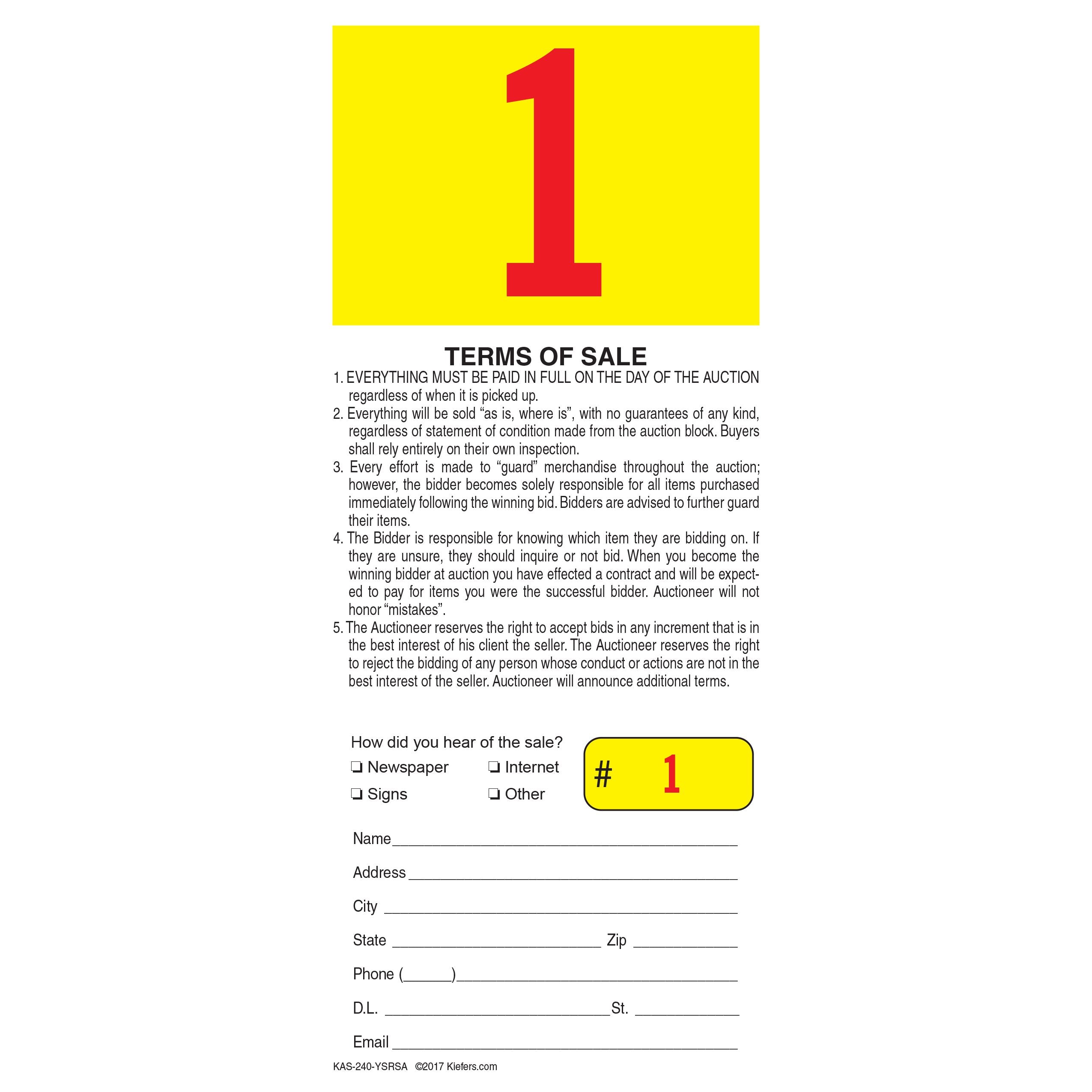 Pre-Numbered Stock Bid Cards w/ Registration Stub (500/pack) Red# w/ Yellow Square/Black Ink