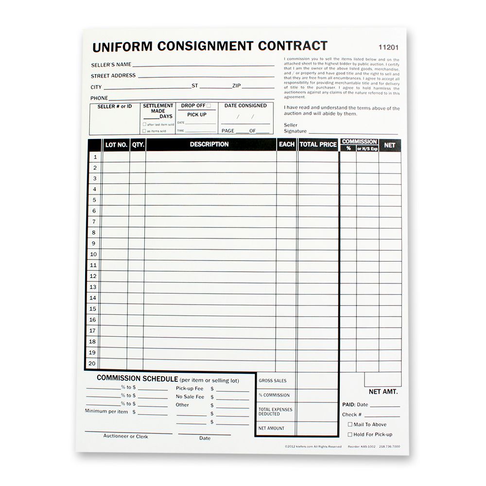 Custom Uniform Consignment Form, 2-part