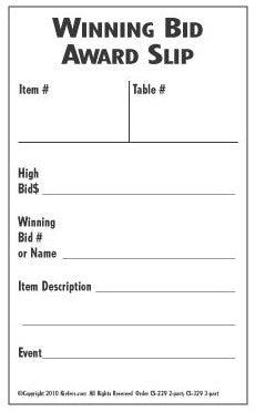 Winning Bid Award Slip, 1, 2 or 3 part